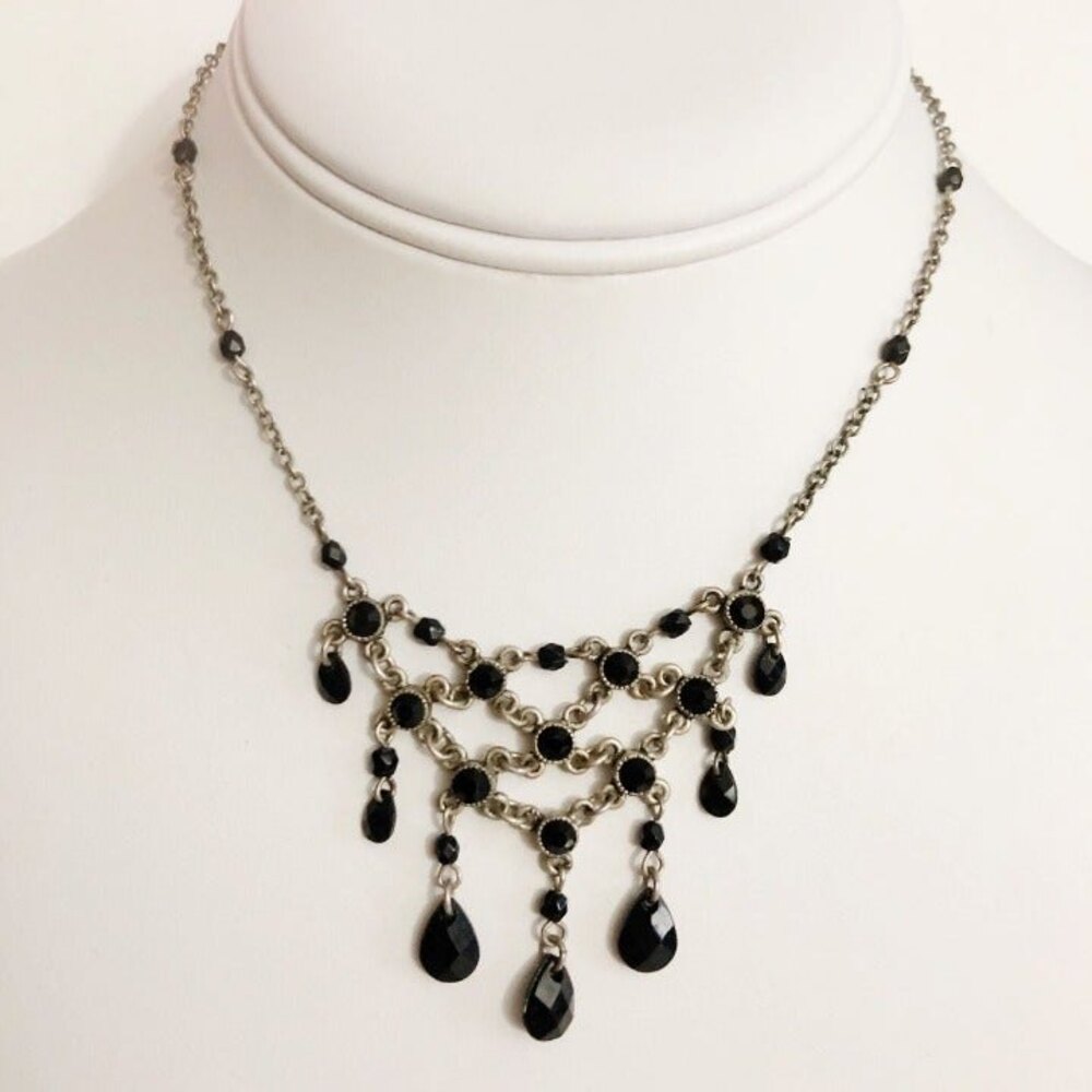 Beaded Triangle Bib Statement Necklace Black & Silver Tone